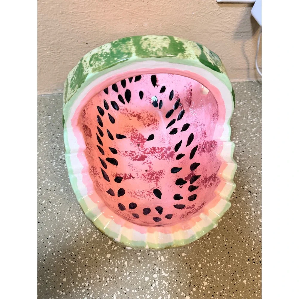 Vintage‎ Watermelon Ceramic Basket Hand Painted Pink Green Fruit Decor 11in